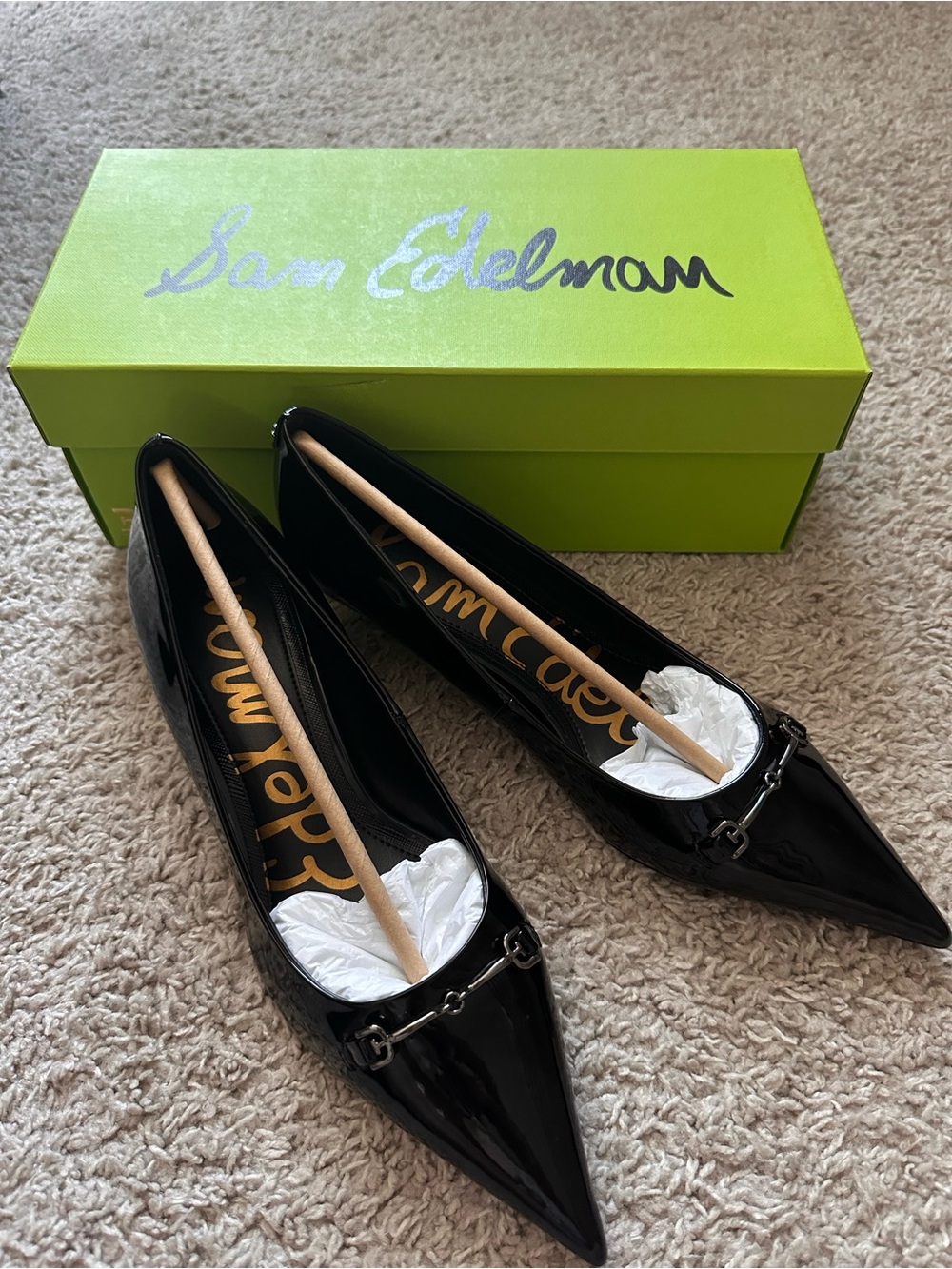 Sam Edelman Black Patent Pointed Toe Flats with Metal Bit
